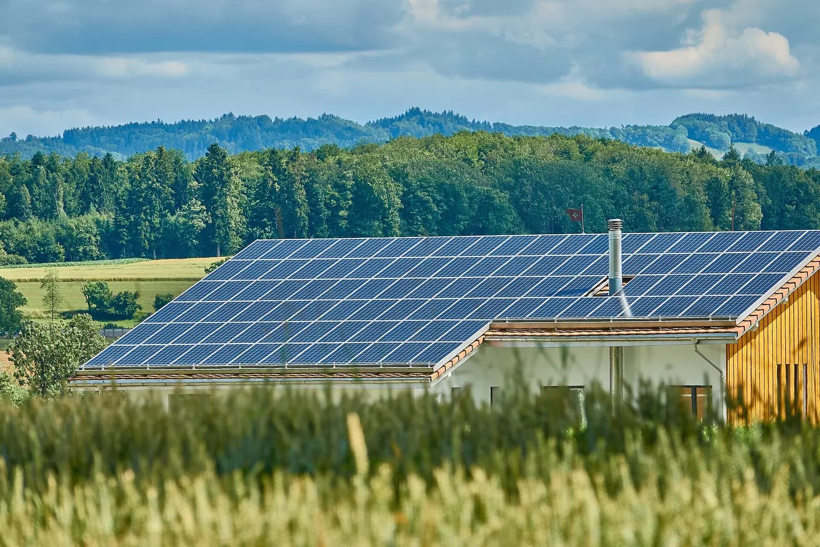 Rows of solar panels on a farm building roof beside a wooden barn wall, with forest behind