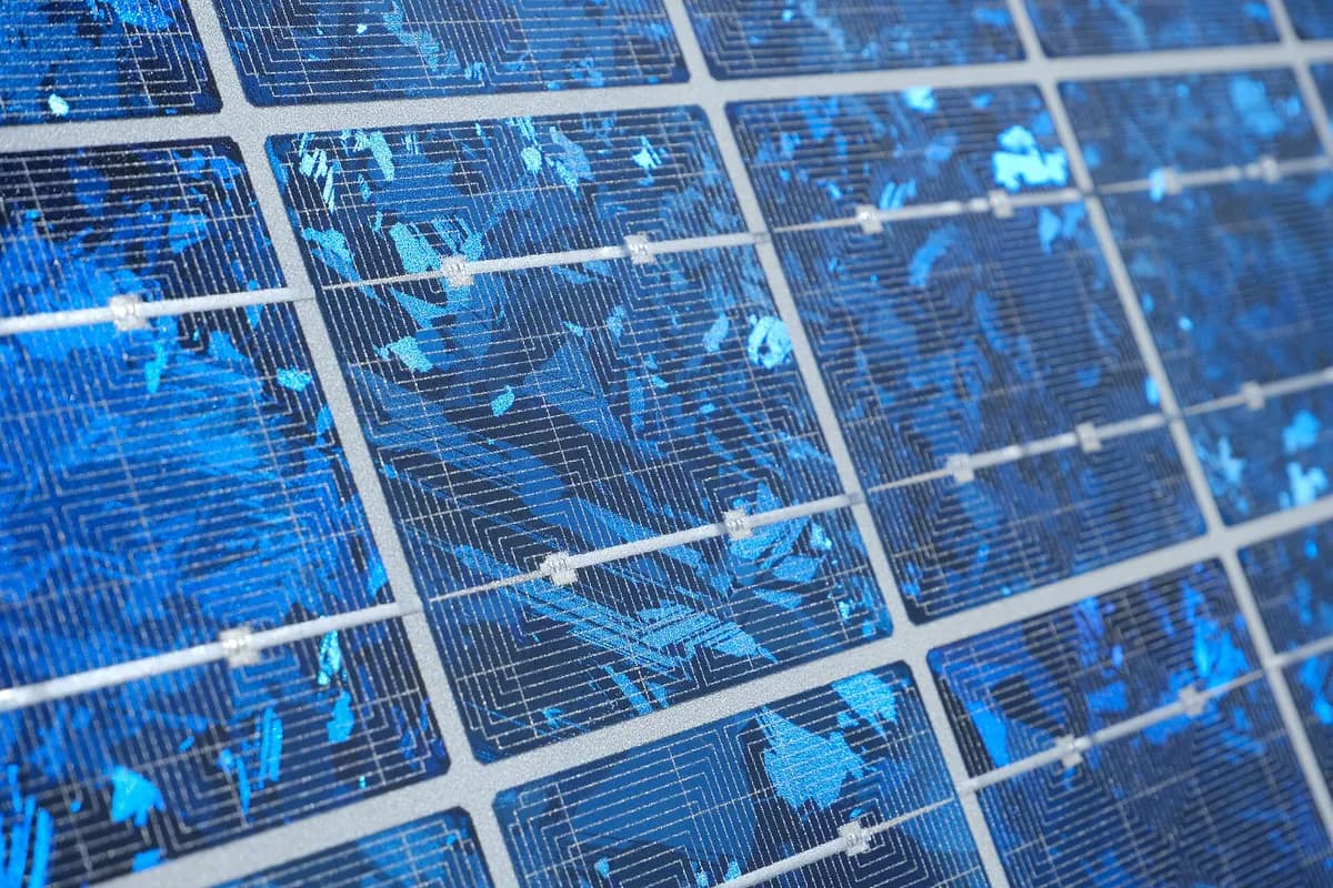 Close-up of blue polycrystalline solar cells with thin silver contact lines